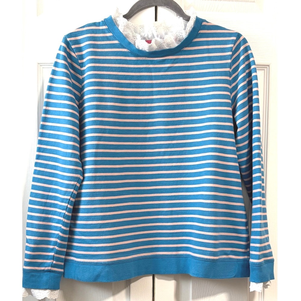 Boden Blue Pink Striped Eyelet Lace Trim Cotton Sweatshirt J0829 Womens Size Med